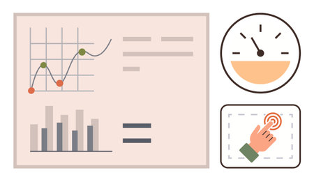 Graph, bar chart, speed gauge, and hand tapping screen illustrating analytics, measurement, interaction, data tracking, performance management, user experience and decision-making in a simple flatのイラスト素材