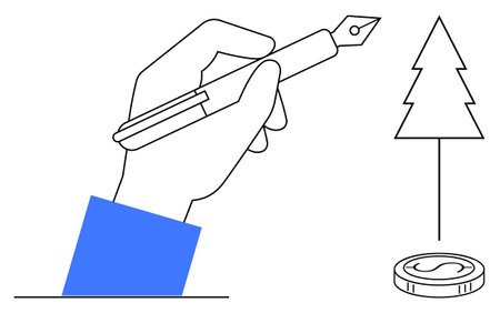 Hand holding a pen drawing a tree and coin, combining concepts of environmental care, economy, and creativity. Ideal for sustainability, innovation, eco-awareness, finance, education minimal artのイラスト素材