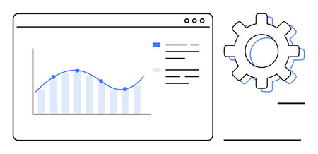 Analytics dashboard with line chart, bar graph, data list, and large gear icon. Ideal for data analysis, optimization, process management, workflow, business strategy tech innovation simple flatのイラスト素材