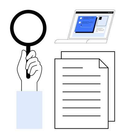 Hand with magnifying glass examines documents alongside an open laptop displaying digital pages. Ideal for research, analysis, investigation, study, compliance, education, and auditing. Simple flatのイラスト素材