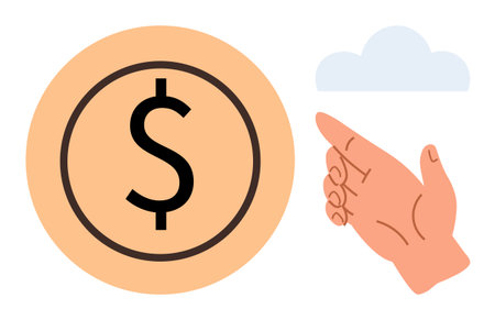 Hand pointing at dollar coin with cloud above, representing wealth, savings, investment, direction,...