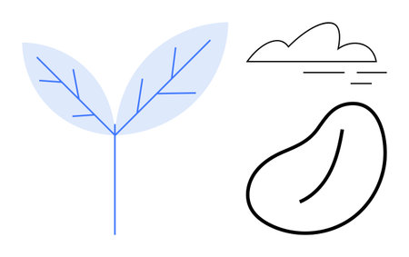 Plant sprout with two leaves, seed, and cloud elements in minimalist design. Ideal for growth, agriculture, sustainability, nature, ecology ecology balance ecosystem. Clean simple flat metaphorのイラスト素材