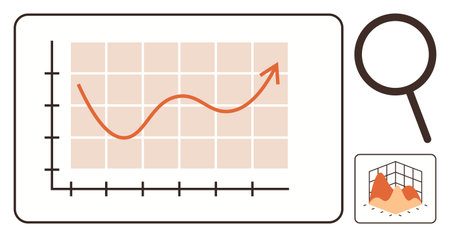Line chart showing upward trend, magnifying glass, and comparison graph. Ideal for analysis, data, growth, progress, business insights research. A simple flat metaphorのイラスト素材