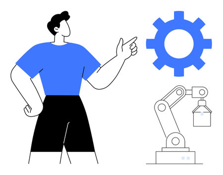 Person pointing at a robotic arm and a gear representing innovation, technology, and automation. Ideal for engineering, innovation, manufacturing, AI, robotics automation teamwork. A simple flatのイラスト素材