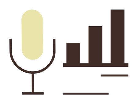 Retro-style microphone next to a bar chart indicating sound analysis, audience insights, and performance metrics. Ideal for podcasting, audio recording, broadcasting, analytics, media, marketingのイラスト素材