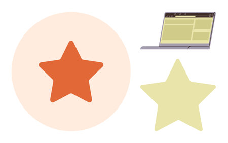 Orange and yellow stars with laptop screen showcasing a browser layout. Ideal for creativity, design...