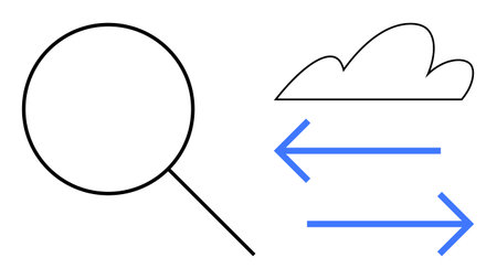 Magnifying glass next to cloud with directional arrows. Ideal for analysis, research, cloud computing, data transfer, technology, connectivity, digital innovation. Minimal and simple flat metaphorのイラスト素材