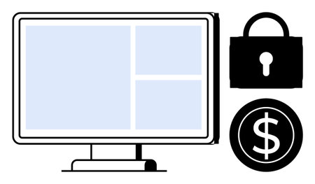 Computer screen with grid layout, padlock, and dollar coin icon representing online safety,...