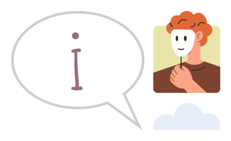Person holding a mask near their face, large speech bubble with i inside. Ideal for transparency, identity, self-expression, honesty, deception, communication clarity. Simple flat metaphorのイラスト素材