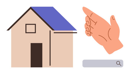 Hand pointing at a house with a blue roof and search bar, symbolizing real estate, home search, online property browsing, research, investment, decision-making, digital technology. A simple flatのイラスト素材