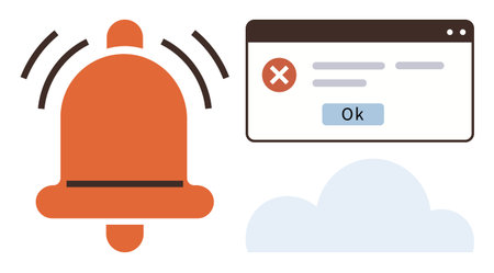 Vibrating orange bell, error popup window with Ok button, and cloud symbol. Ideal for alerts, updates, cloud computing, notifications, user interface technology issues and error messages. Simpleのイラスト素材