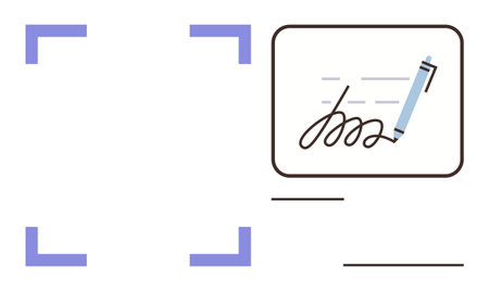 Pen writing on a document with signature and lines. Ideal for digital approval, contracts, e-signatures, business validation, legal agreements, authentication, remote collaboration. Simple flatのイラスト素材