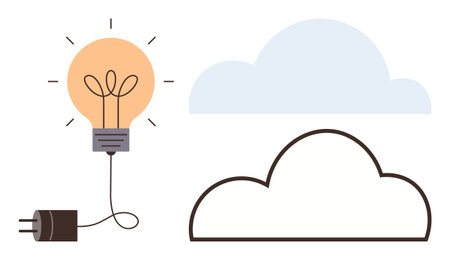 Lit bulb plugged into outlet next to two clouds representing ideas, creativity, innovation, cloud computing. Ideal for technology, energy, inspiration, brainstorming, concepts sustainability simpleのイラスト素材