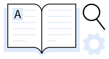 Open book with text, magnifying glass, and gear representing learning, research, education, analysis, problem-solving study and content exploration. Ideal for digital learning. Simple flat metaphorのイラスト素材