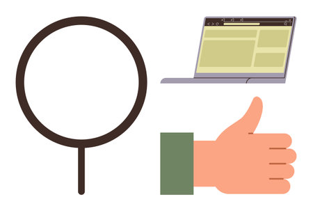 Magnifying glass, open laptop, and thumbs-up hand symbolizing exploration, online research, analysis, approval, quality, productivity, and collaboration in simple flat metaphorのイラスト素材