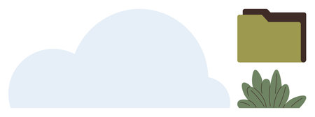 Cloud shape next to a folder and plants. Ideal for cloud storage, data sharing, eco-tech, digital...