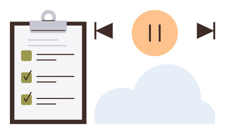 Clipboard checklist with completed tasks, audio control buttons, pause symbol, and cloud element. Ideal for productivity, organization, workflow, planning, remote work cloud storage simple flatのイラスト素材