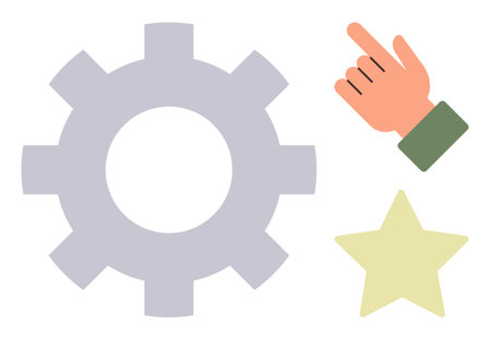 Gear for mechanism or settings, pointing hand for action or guidance, and star for achievement or importance. Ideal for productivity, navigation, recognition, motivation, goals, focus simple flatのイラスト素材