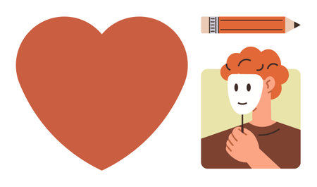Red heart, person holding a smiling mask, and pencil illustrating emotions, identity, self-expression, and creativity. Ideal for love, art, psychology self-awareness creativity authenticityのイラスト素材