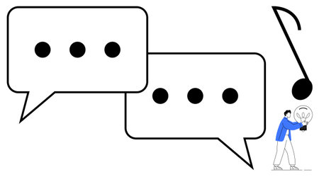 Two speech bubbles, a musical note, and a person holding a glowing lightbulb highlight...