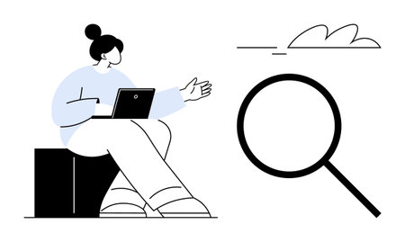 Woman seated with a laptop, gesturing in discussion. Large magnifying glass symbolizes searching. Ideal for communication, collaboration, research, problem-solving, education, brainstormingのイラスト素材