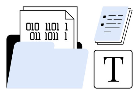 Open folder with binary code files, stacked documents, and a bold text icon. Ideal for data storage, file organization, coding, digital archiving, document management, programming informationのイラスト素材