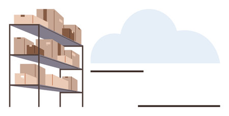 Metal shelving units stacked with cardboard boxes beside a symbolic cloud, representing storage, organization, and logistics. Ideal for data storage, e-commerce, cloud computing, supply chainのイラスト素材