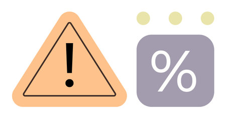 Orange triangle with exclamation mark next to purple square with percentage sign and three dots. Ideal for caution, risk, analysis, statistics, finance, probability, problem-solving. Simple flatのイラスト素材