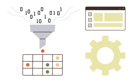 Binary data flows through a funnel into a grid, accompanied by a checklist interface and gear symbol. Ideal for data analytics, machine learning, automation, software development, informationのイラスト素材