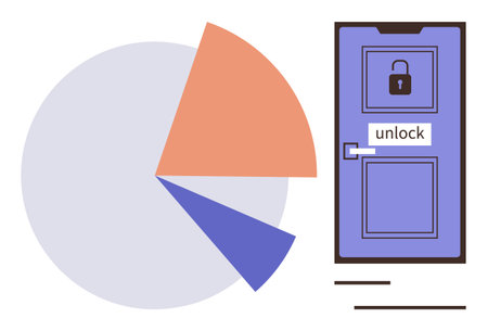 Pie chart split into colorful sections beside a locked door with an unlock label. Ideal for business analytics, data security, progress, solutions, innovation, opportunities, growth. Simple flatのイラスト素材