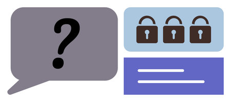 Question mark in speech bubble next to three lock icons, emphasizing security, privacy, and mystery. Ideal for concepts of data protection, online safety, encryption, access restrictionのイラスト素材