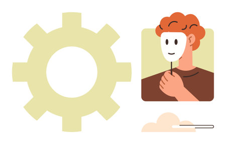 Person holding a mask beside a large gear symbol illustrating identity, self-discovery, and transformation. Ideal for teamwork, leadership, change, decision-making, innovation, growth simple flatのイラスト素材