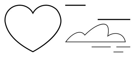 Heart and cloud outlines with short horizontal lines emphasizing simplicity, love, atmosphere, and serenity. Ideal for romance, compassion, mindfulness, nature, airy designs and minimalisticのイラスト素材