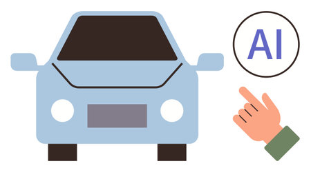 Blue car representing self-driving technology with hand pointing to AI control button. Ideal for AI, automation, technology, innovation, smart systems, transportation, simple flat metaphorのイラスト素材