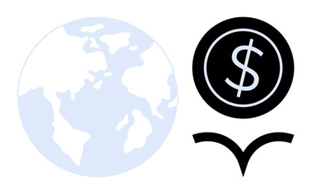 Earth representing global context, dollar inside a coin, and a stylized bird signifying freedom. Ideal for finance, global trade, sustainability, investment, wealth, economic growth simple flatのイラスト素材