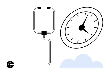 IV bag connected to a wheel alongside a tilted clock and cloud, symbolizing time, energy, healthcare, and productivity. Ideal for workflow, health, hospital, efficiency creativity simple flatのイラスト素材
