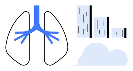 Human lungs with bronchial tree next to urban buildings and cloud. Ideal for health awareness, air quality, urbanization, pollution, climate, environment, wellness. Simple flat metaphorのイラスト素材
