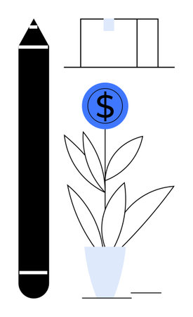 Large pencil, blooming plant with dollar sign symbol, and office desk setup. Ideal for business, growth, creativity, finance, education entrepreneurship work-life balance. Simple flat metaphorのイラスト素材