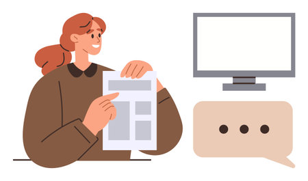 Smiling woman presenting a document with a monitor and speech bubble nearby. Ideal for communication, teamwork, work discussion, education, information sharing, collaboration, simple flat metaphorのイラスト素材