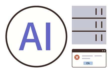 AI text inside a circle, database servers, and a warning popup with an error message and OK button. Ideal for technology, AI, data, cybersecurity, failure error handling programming. Minimalistのイラスト素材