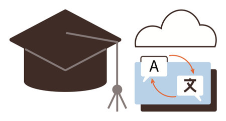 Graduation cap with speech bubbles for language translation and a cloud above a digital screen. Ideal for education, e-learning, language learning, translation, global communication, technologyのイラスト素材