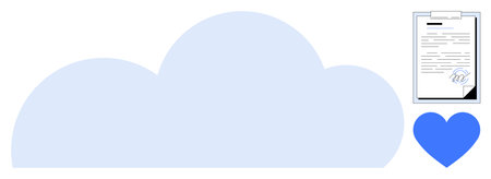 Cloud with heart and signed paper form emphasizes secure data management, online storage, and trust. Ideal for digital storage, security, technology, trust, teamwork, efficiency concepts simple flatのイラスト素材