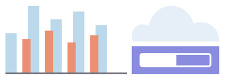 Bar chart with blue and orange bars beside cloud with progress bar representing data analysis, storage, and cloud syncing. Ideal for analytics, technology, cloud computing, efficiency, data storageのイラスト素材