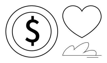 Dollar coin represents finance, heart symbolizes love and care, while cloud outlines suggest imagination. Ideal for economy, relationships, creativity, positivity, aspiration, minimalism and harmonyのイラスト素材