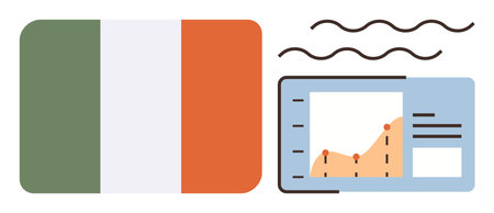 Irish flag beside a data dashboard with a line chart, bar graph, and text layout. Ideal for finance, analytics, business, statistics, geography national identity education. Simple flat metaphorのイラスト素材