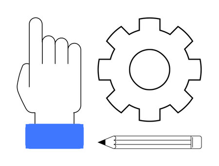 Hand pointing upward, gear, and pencil symbolizing creativity, innovation, problem-solving, improvement. Ideal for teamwork, planning, collaboration productivity brainstorming operations simpleのイラスト素材