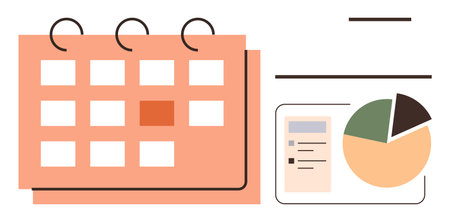 Planner calendar showing marked date alongside pie chart and listed tasks. Ideal for scheduling, project management, planning, productivity, analysis, organization, reporting. Simple flat metaphorのイラスト素材
