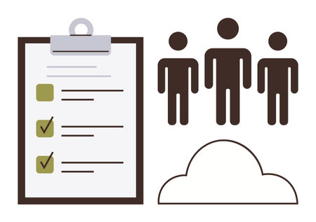 Clipboard with completed checklist, three people silhouettes, and a cloud graphic. Ideal for teamwork, planning, project management, collaboration, organization task completion networking. Simpleのイラスト素材