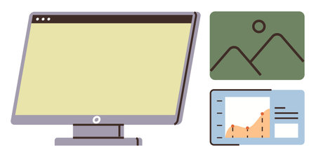 Monitor screen paired with landscape image and analytical graph. Ideal for presentations, digital design, analytics, creativity, technology, productivity, online content. Simple flat metaphorのイラスト素材
