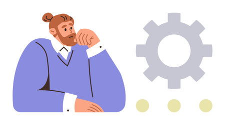 Contemplative man rests on hand, thinking beside a large gear and three dots. Ideal for problem-solving, creativity, innovation, workflow, productivity, teamwork strategic planning. Simple flatのイラスト素材